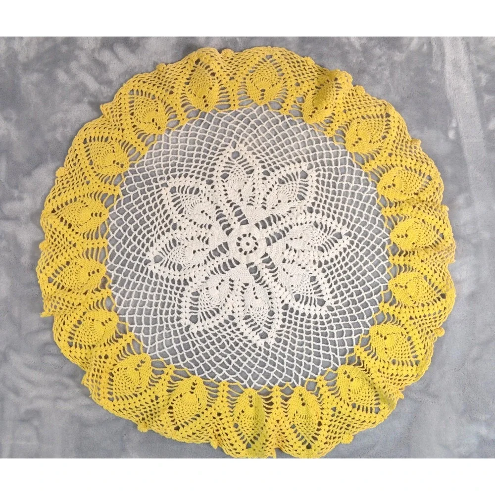 Vintage Round White & Yellow Handmade Crochet Doily 22